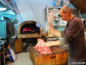The chef at this Tuscan restaurant doubles as a butcher -- he cuts the steak before he grills it.