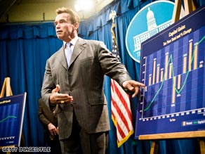 California Gov. Arnold Schwarzenegger makes a point on the state budget in November.