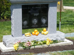 The university unveiled a memorial last year among three Lacebark Pines, a native Chinese tree.