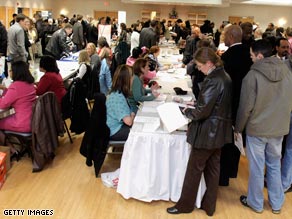 Many job fairs in the United States have become jam-packed events, like this one in Wayne, Michigan.