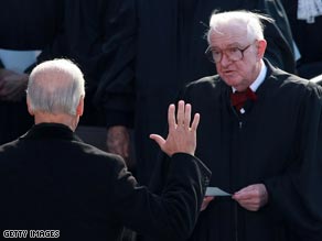 Justice John Paul Stevens swears in Vice President Joe Biden. Stevens has been on the court for 34 years.