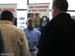 Military veterans attend the Recruit Military Career Fair  on March 19 in San Francisco, California.