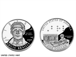 The coin's "heads" side features a portrait of Louis Braille;  the "tails" side features a boy reading a book in Braille.