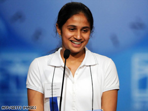 Kavya Shivashankar of Olathe, Kansas, reacts to winning the Scripps National Spelling Bee on Thursday night.