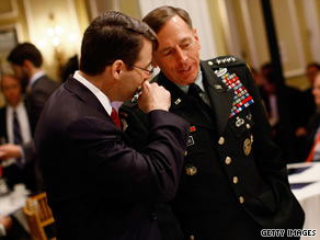 U.S. General David Petraeus chats with John Nagl, president of Center for a New American Security.