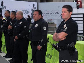 Police gather Tuesday morning in Los Angeles for Michael Jackson's public memorial.
