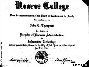 Trina Thompson has sued her alma mater, Monroe College of New York.