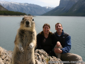 Melissa and Jackson Brandts were taking a photo of themselves when the squirrel popped up.