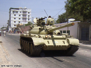 Ugandan tanks from the African Union Mission to Somalia  patrol the streets of Mogadishu this month.