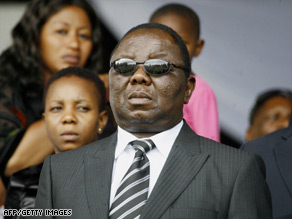 Morgan Tsvangirai attends his wife's public funeral at Glamis Stadium in Harare.