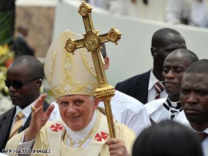 Tens of thousands of people gathered at a football stadium in Cameroon to see the pope.