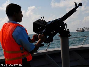 A Yemeni Coast Guard boat patrols the Gulf of Aden for pirates  who threaten shipping.