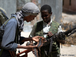 Young al-Shabaab militants with a heavy machine gun in Mogadishu on July 13.