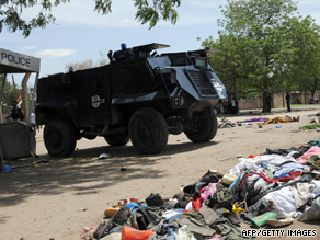 The bodies and clothes of militants lie in a street in the northern city of Maiduguri.