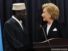 Secretary of State Hillary Clinton has offered aid to Sheikh Sharif Sheikh Ahmed, Somalia's president.