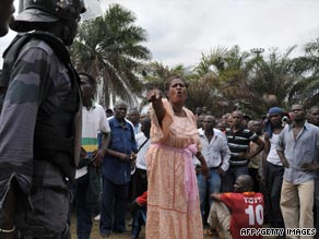 Police block supporters of opposition candidate Pierre Mamboundou in Libreville, Gabon.