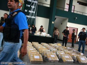 Peruvian authorities show the press 1,500 kilograms of cocaine seized in March 2008.