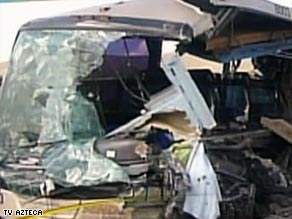Video from the crash scene in northeast Mexico shows the side of the bus sheared away.