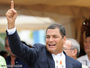 President Rafael Correa of Ecuador celebrates in Guayaquil on Sunday.