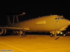 A French AWACS reconnaissance aircraft prepares to leave its Dakar, Senegal base to search the crash zone.