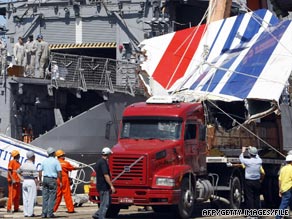 The tail fin of the Airbus A330 that crashed in the Atlantic is unloaded in Brazil earlier this month.