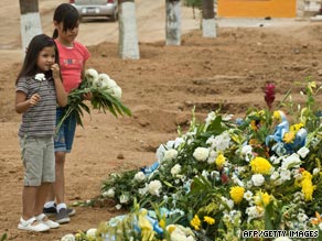 Two girls lay flowers during a funeral of one of the 48 children who died in the day-care fire.