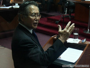 Alberto Fujimori speaks in court in Lima, Peru, in April.