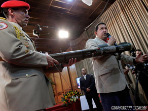 Venezuelan President Hugo Chavez talks about the AT4 anti-tank weapons Wednesday.