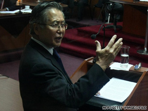 Former President Alberto Fujimori speaks in court in Lima, Peru, in April.