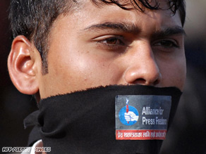 A Nepalese journalist takes part in a protest last month demanding more freedom for the press.