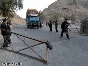 Pakistani policemen at a check point in Khyber Agency near the Pakistan-Afghanistan border, February 12, 2008.