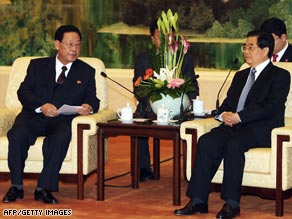 North Korean Prime Minister Kim Yong Il (left) visits Chinese President Hu Jintao in Beijing on Thursday.