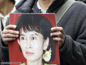 Aung San Suu Kyi is shown on a sign at a protest outside the Myanmar embassy in Tokyo, Japan, earlier in March.