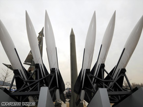 Replicas of South and North Korean missiles are displayed at the Korea War Memorial in Seoul.