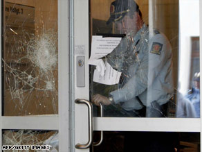 The entrance to Sri Lanka's embassy in Oslo showed damage on Sunday.