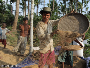 Farmers sift grain during the rice harvest on April 27 in the Irrawady delta village of Ma Lot Myit Than.
