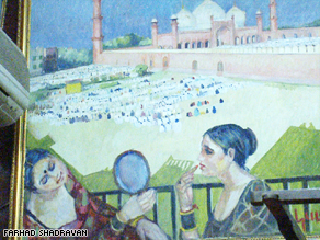 A painting by Hussain shows prostitutes getting ready for customers, as worshippers say prayers at a mosque.