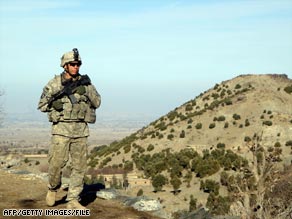 A U.S. soldier on patrol in Khost province in February 2009.