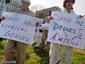 Civil rights activists protest the use of unmanned U.S. drones in Pakistan.