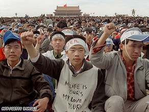 Students from Beijing University demonstrate on May 18, 1989, at Tiananmen Square.
