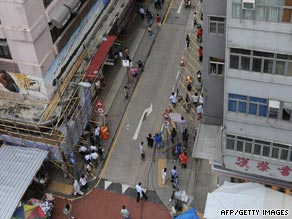 Overview of where acid was thrown from a building in Hong Kong's Mong Kok district.