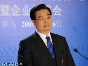 Chinese President Hu Jintao is shown in Rome, Italy, on Monday.