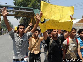 Kashmiri students protest over the alleged rape and murder of two Muslim women, in Srinagar on July 15.