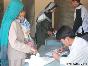 Burqa-clad women display ID cards as they queue to vote in Kandahar on Thursday.