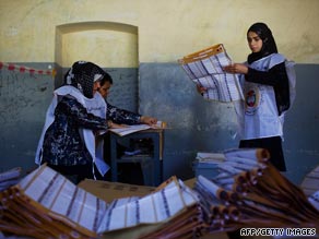 Electoral workers count votes at a school in Kabul.