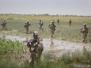 U.S. Marines patrol near Herat, Afghanistan, in July.
