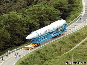 The Korea Space Launch Vehicle-1 is wheeled to its launch pad at Naro Space Center on August 23.