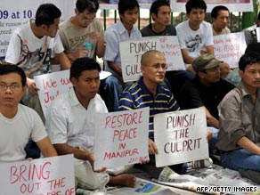 Students in Manipur state protesting about the killing of a social worker in June 2009.