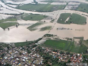 An aerial view of a flood-affected area in Bijapur district in North Karnataka, India.