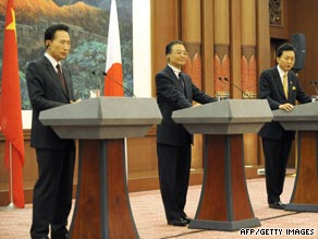 From left: S. Korean President Lee Myung-Bak, Chinese Premier Wen Jiabao, Japanese PM Yukio Hatoyama in Beijing, China, on October 10.